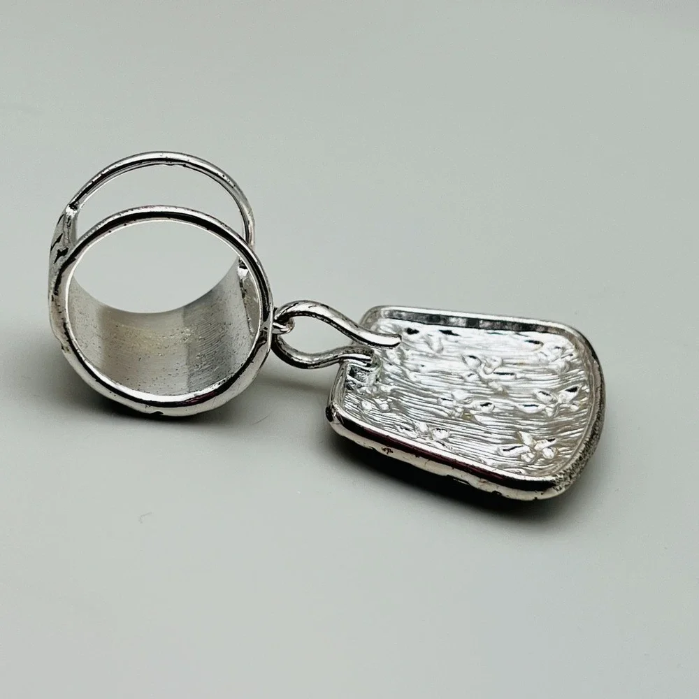 Silver Tone Floral Slide Scarf Enhancer Pendant Hammered Textured Dangle‎